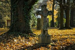 Old cemetery with fall leaves everywhere